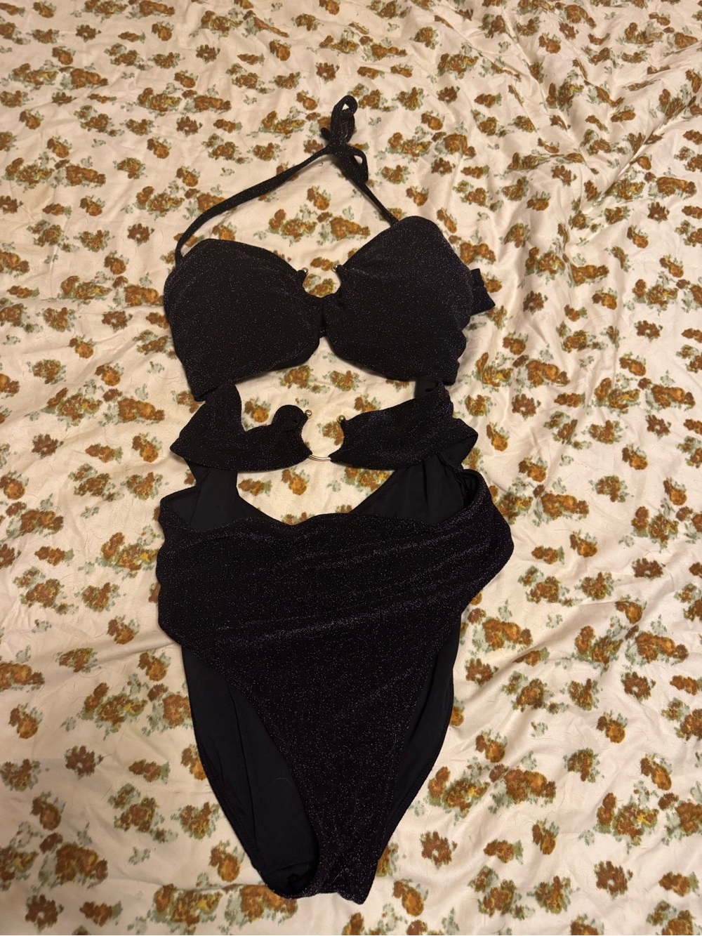 Victoria's Secret Black Glitter Cutout One-Piece Swimsuit with Ring Detail